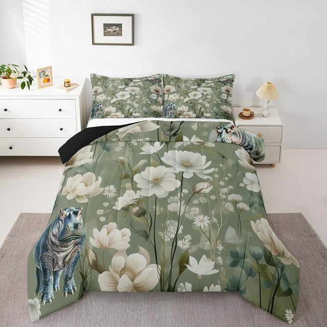 YST Watercolor Floral Bedding Queen Size Wild Hippo Comforter Set, Botanical Plant Theme Duvet Insert Cartoon Wildlife Quilt Set for Kids, Summer Tropical Leaves Bedding Comforters & Sets