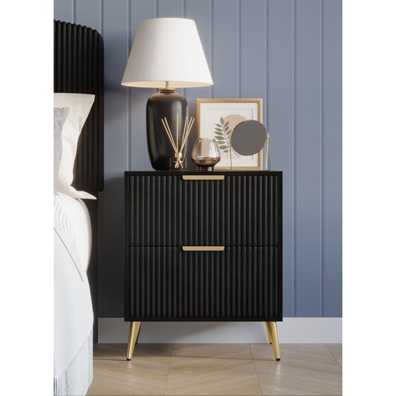 Home Design Everett Nightstand with Velvet Drawer Front and Gold-Tone Legs, Black, Easy Assembly