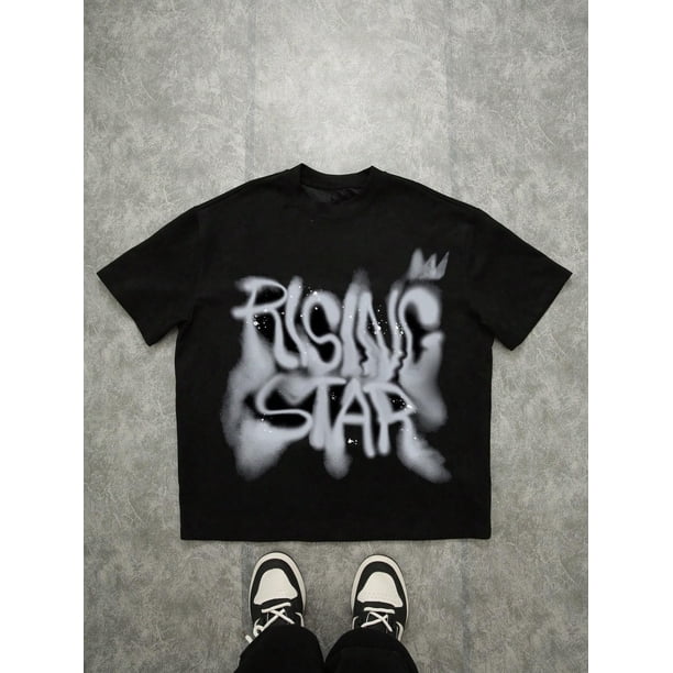 Men Casual Classic Fashion Street Style Silhouette Graphic English Letter Sports Short Sleeve T-Shirt, Suitable For Summer Graphic Tees Rising Star Shirt Black Graphic Tee