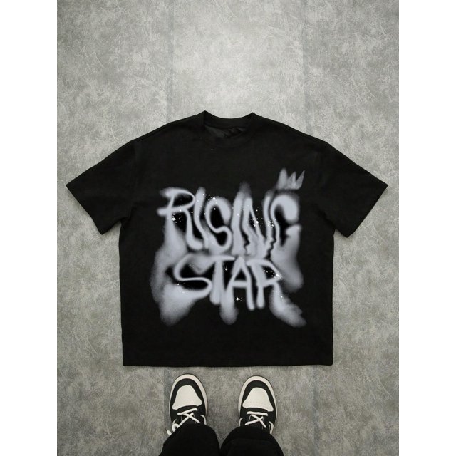 Men Casual Classic Fashion Street Style Silhouette Graphic English Letter Sports Short Sleeve T-Shirt, Suitable For Summer Graphic Tees Rising Star Shirt Black Graphic Tee