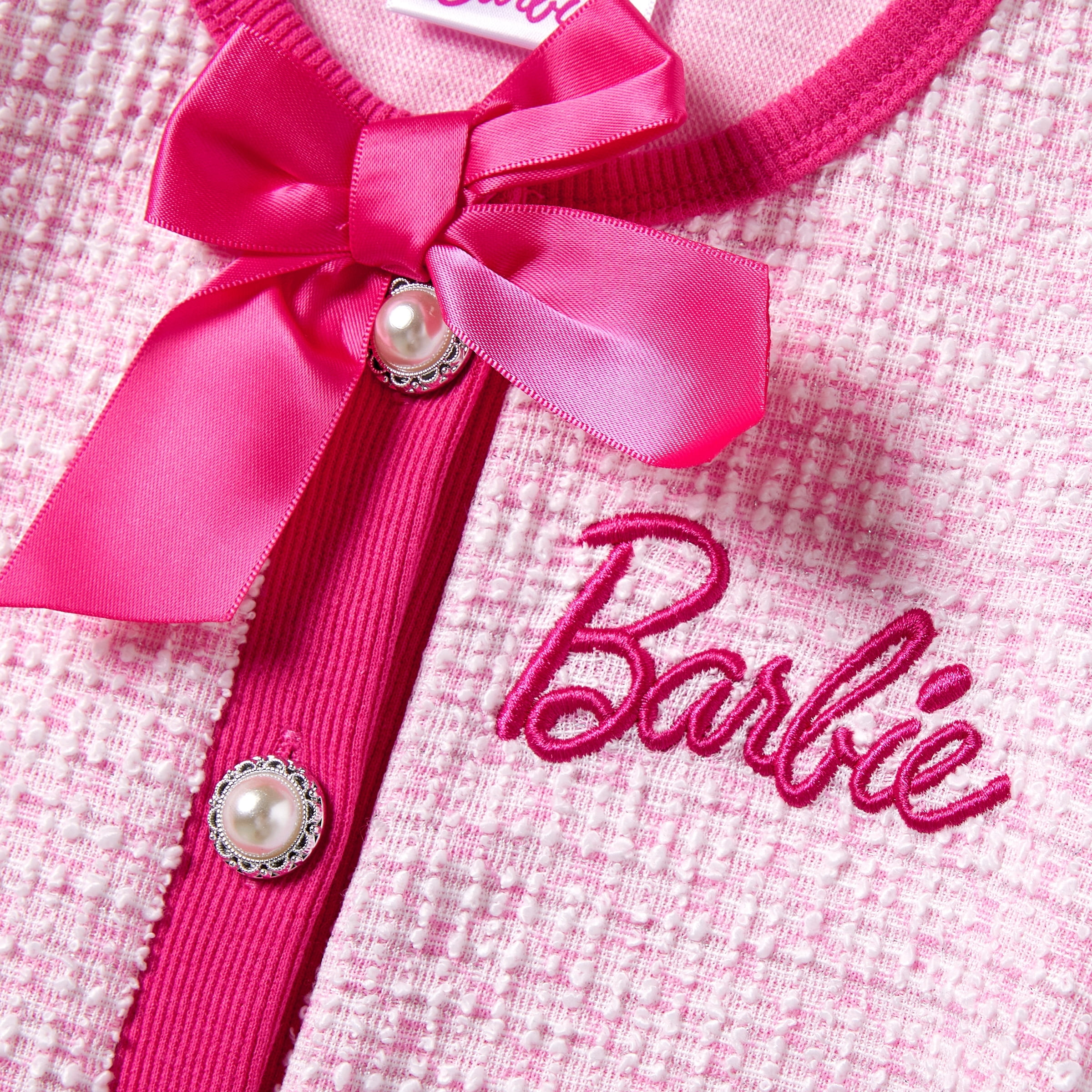 Barbie Toddler Girls Dresses Pink Tweed Crew Neck Bowknot Single Breasted Knit Outfits Sizes 2-12