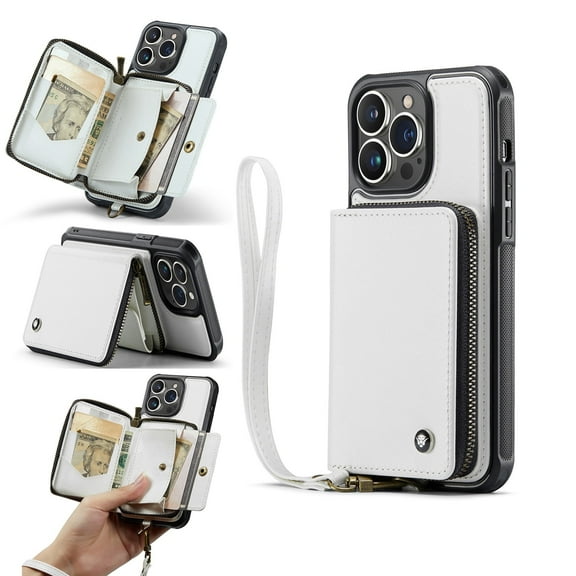 for Apple iPhone 15 Pro Max 6.7 Inch (2023 Release),iPhone 15 Pro Max Wallet Case With Crossbody & Wrist Strap,Zipper Card Pocket Stand Rugged PU Leather Phone Cover - White