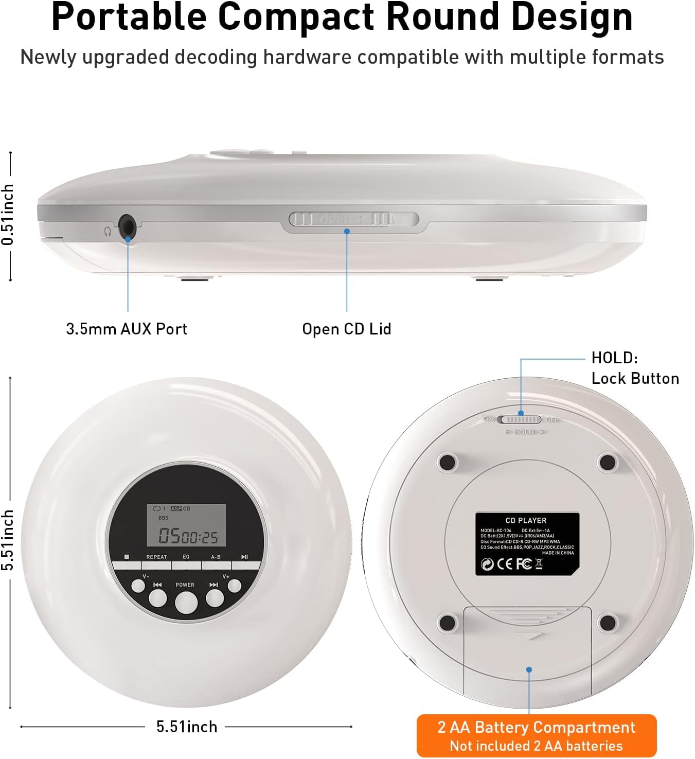Portable CD Player, Personal Compact Music CD Walkman with Headphones, Anti-Skip and Shockproof for Home,Travel,Car, Small Discman CD Player for Kids/Students/Seniors-White