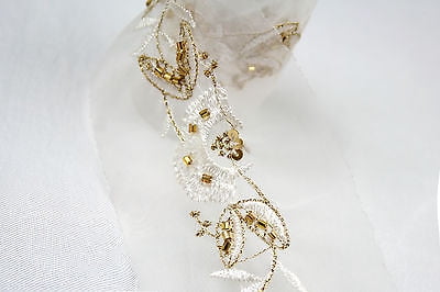 Lily White 2-3/8"  Gold Beaded Sequin Embroidery Organza Lace Trim Insertion