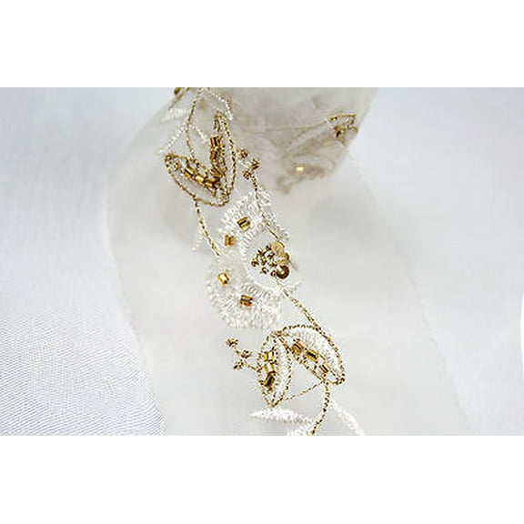 Lily White 2-3/8" Gold Beaded Sequin Embroidery Organza Lace Trim Insertion
