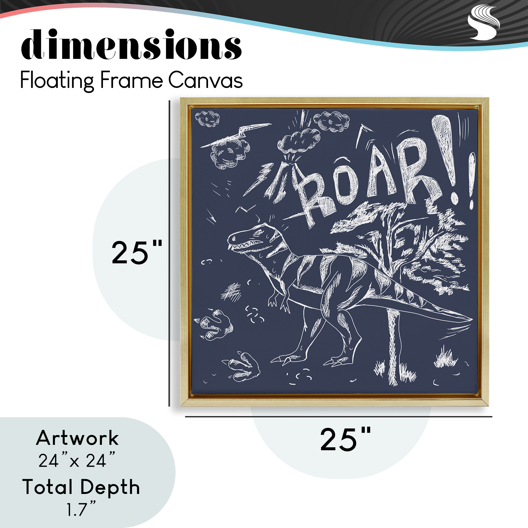 Sketchy Roar Dinosaur Gold Framed Floater Canvas Wall Art, design by HUE and MI and Sangita