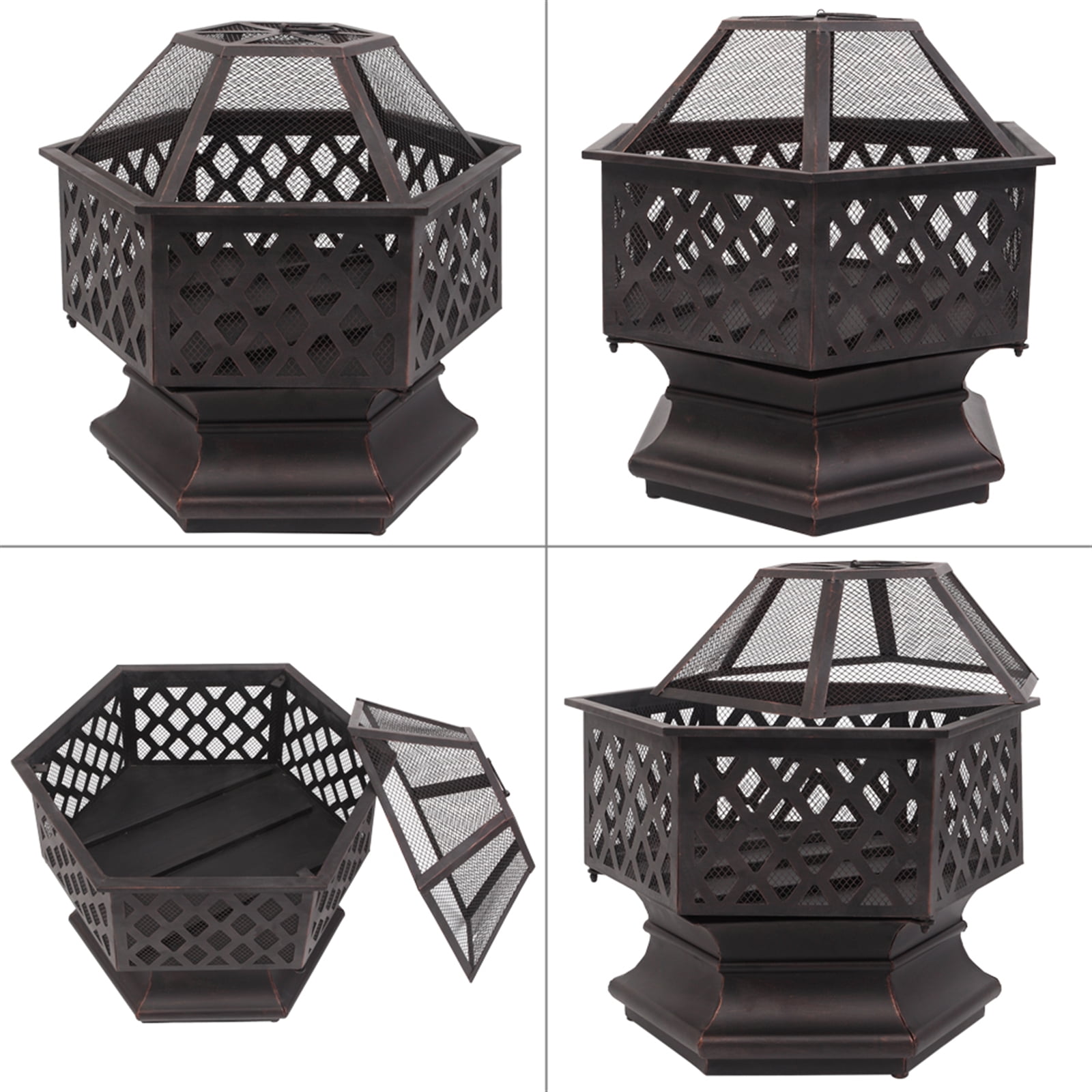 22" Hexagonal Iron Brazier, Deep Fire Pit with Spark Guard, Heat-Resistant Paint, Lightweight for Yard,Poolside,Backyard, Distressed Bronze