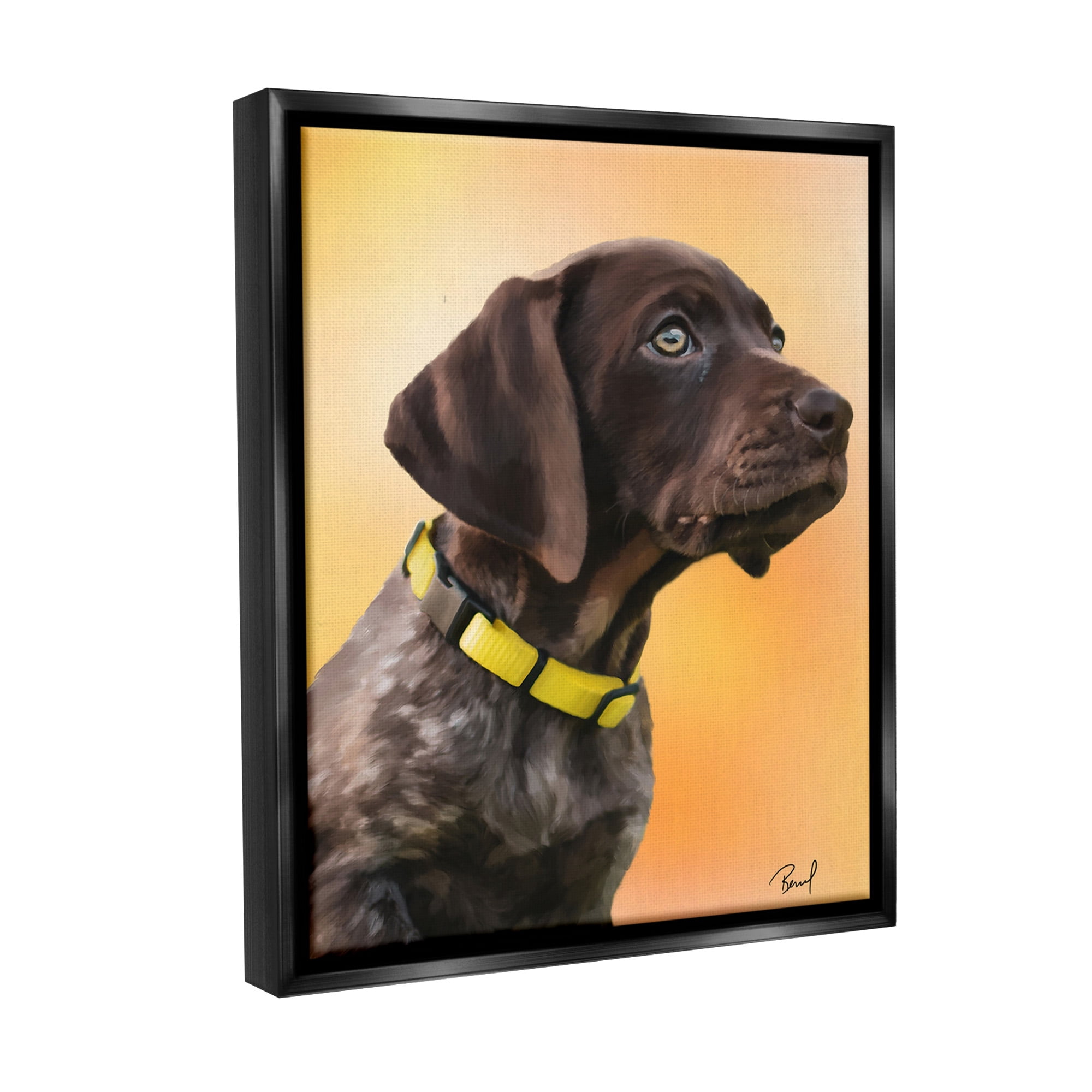 Stupell Industries Lab Puppy on Orange Animals & Insects Painting Black Floater Framed Canvas Art Print Wall Art, 17 x 21