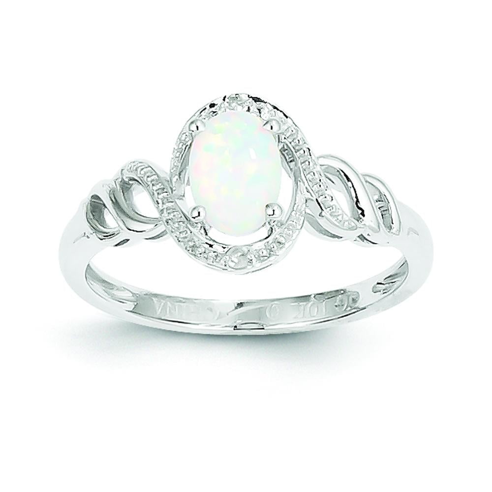 Polished 10K White Gold Genuine Opal 0.02Ct Diamond Ring Open Back Size 7 by