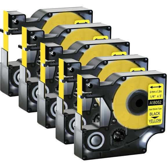 GREENCYCLE 5PK Industrial Rhino Heat Shrink Tubes Compatible for DYMO 18052 6mm 1/4" Black on Yellow Cable Label Tape