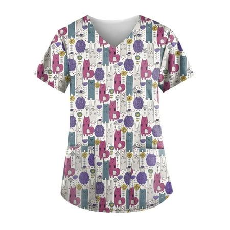 

Alrise Dark Gray Summer Plus Size Scrubs Top for Women Fashion Print Short Sleeve T-Shirt V-Neck Pockets Workwear Blouse Small
