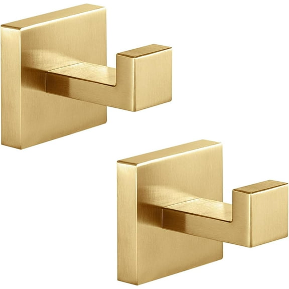 Towel Hooks Robe Hook Coat Hook Stainless Steel Heavy Duty Bathrooms Square Hooks Wall Mounted for Bathroom Kitchen Bedroom Brushed Gold 2 Pack