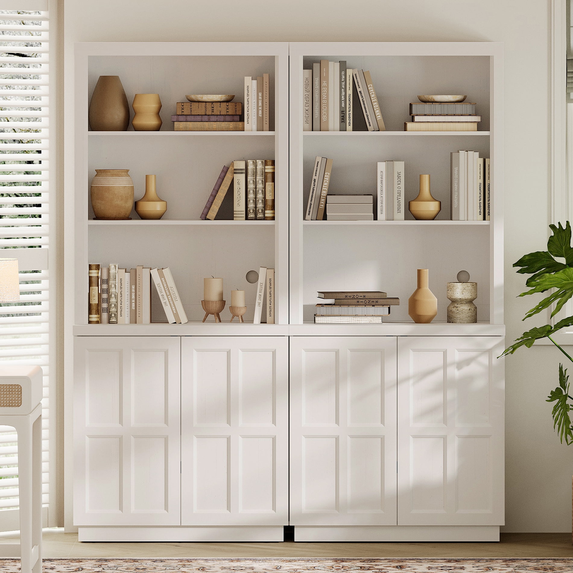 HOMOOI 2-in-1 Freestanding Bookcase, Boho Display Book Shelf with Open Adjustable Shelves & Rebound Handle-Free Doors,Thickened Anti-Wobble Wood Bookcase for Living Room,Home Office,White
