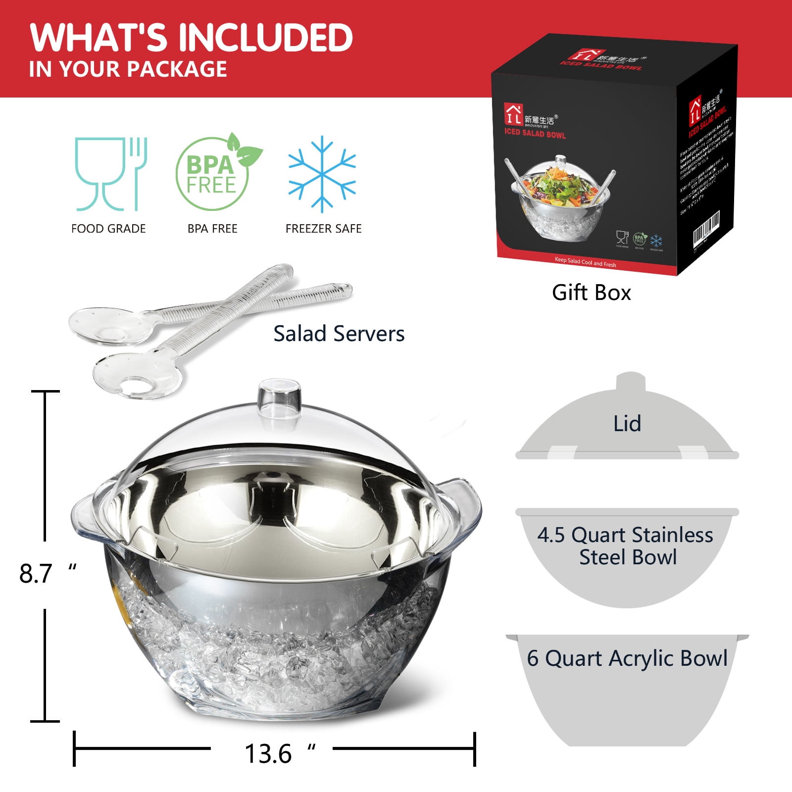 Innovative Life Large Salad Bowl on Ice with Lid,Veggie Platter ,Party Supplies,Chilled Mixing Serving Bowl for Party