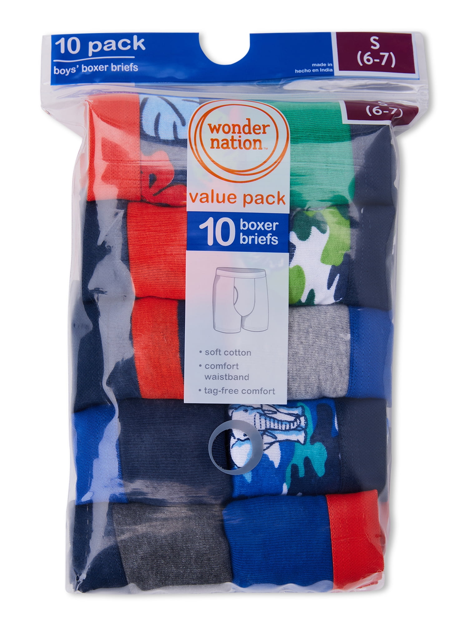 Wonder Nation Boys Underwear Soft Cotton Boxer Briefs, 10-Pack, Sizes S-XXL & Husky