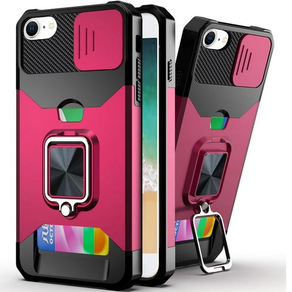 For iPhone 16E / SE4 Multi-Functional Card Magnetic Ring Stand Hybrid Camera Case Cover - Hot Pink