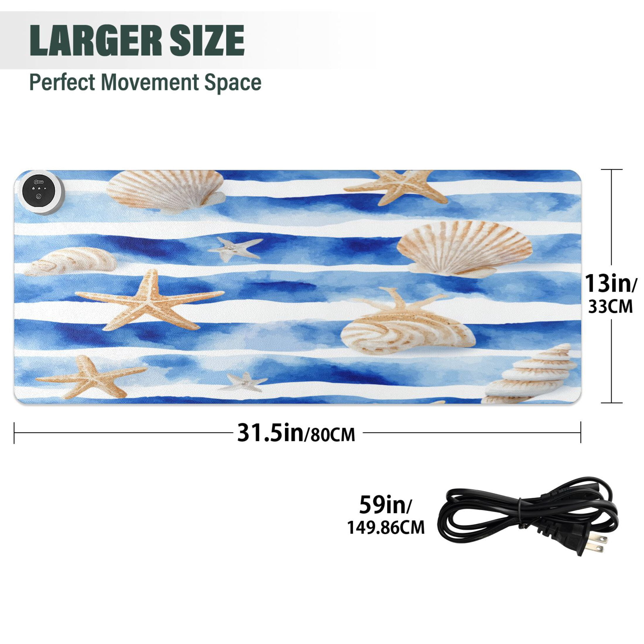 Large Heated Desk Mat Mouse Pad 31.5"x13"PU Leather Graphene Heating Desk Warmer with 3 Temperature Settings 110V US Plug Non-Slip Warm Pad for Home, Office, and Gaming Blue Nautical Stripes Pattern
