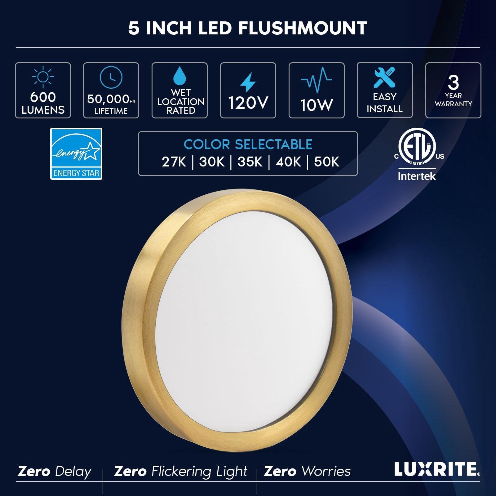 Luxrite 5 Inch LED Flush Mount Ceiling Light, 10W 600LM, 5CCT 2700K-5000K, Dimmable, Wet Rated, ETL - Brass 4-Pack