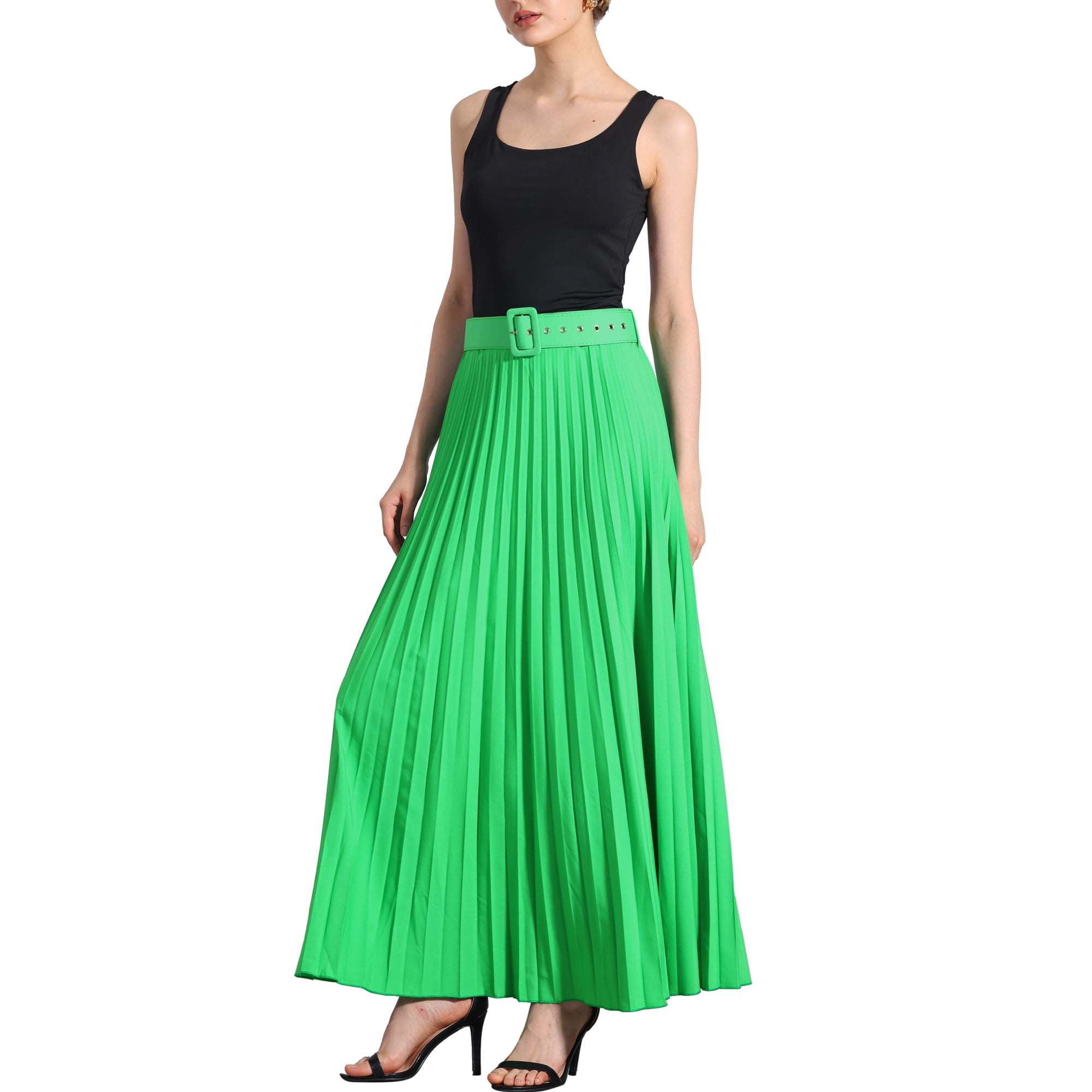 Unique Bargains Elastic High Waist Flowy Pleated Skirt for Women s with Belt Swing A line Work Maxi Skirt Green 3XL