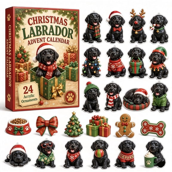 2026 Christmas Labrador Advent Calendar,24‑Day Countdown Blind Box with 2D Flat Acrylic Black Labrador Hanging Ornaments,Christmas Countdown Calendar 2026 for Xmas Tree Home Decoration