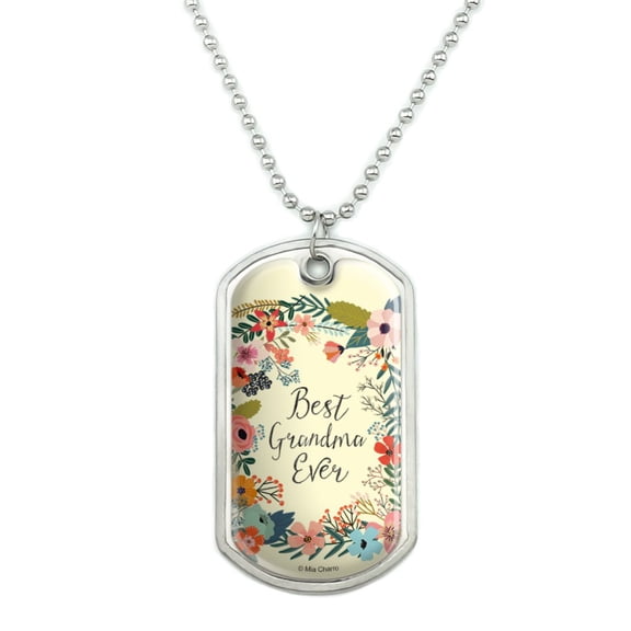 Best Grandma Ever Floral Military Dog Tag Pendant Necklace with Chain