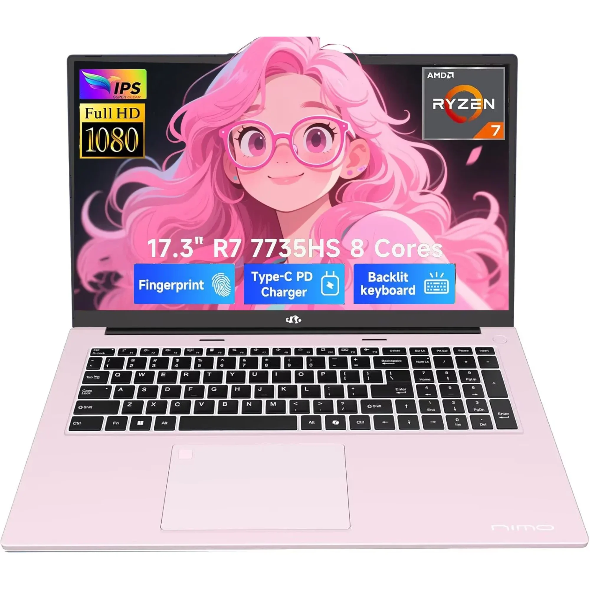 17.3" Gaming Laptop with AMD Ryzen 7 7735HS (Beats i7-12650H） Radeon 680M Graphics for Smooth Gaming, 16GB DDR5, 512GB SSD，Fingerprint, Backlit Keyboard (Rose Gold)