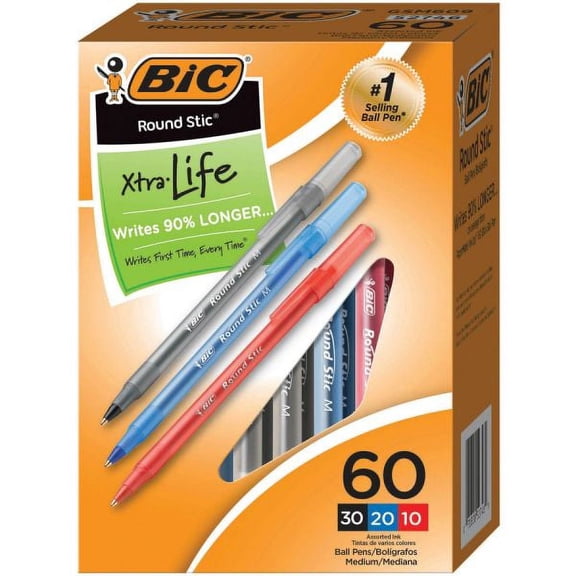 BIC Round Stic Ballpoint Pens, Medium Point, 1.0 mm, Assorted Ink Colors, 60 Count