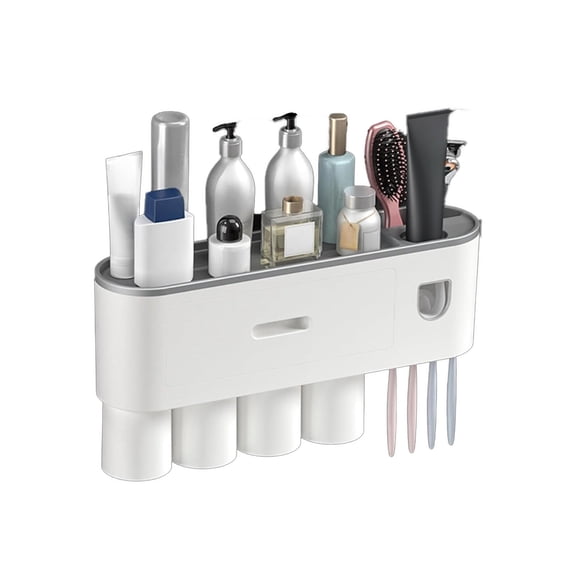 YOSUOPOC No-Drill Wall Mounted Toothbrush Holder & Bathroom Organizer with Automatic Toothpaste Dispenser, 4 Magnetic Cups & Large Storage Shelf