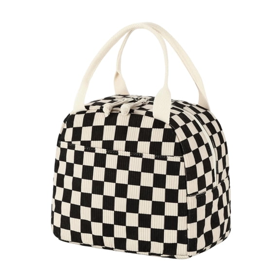 Insulated Checkered Lunch Bag Tote with Top Handle Zip Closure and Front Pocket for Work School Picnic Travel