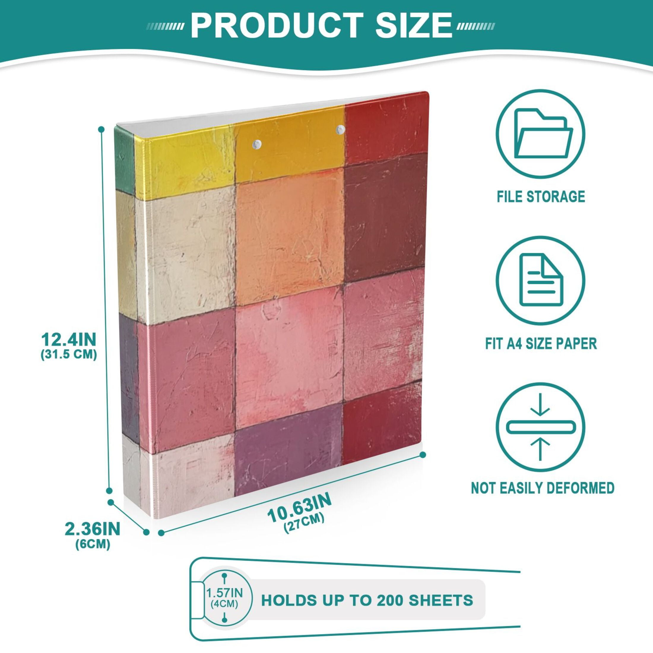 Coloful Grids 3 Ring Binders 1.5 inch Hardcover File Folders with Interior Pockets A4 Size Organizer for School Office Hospital