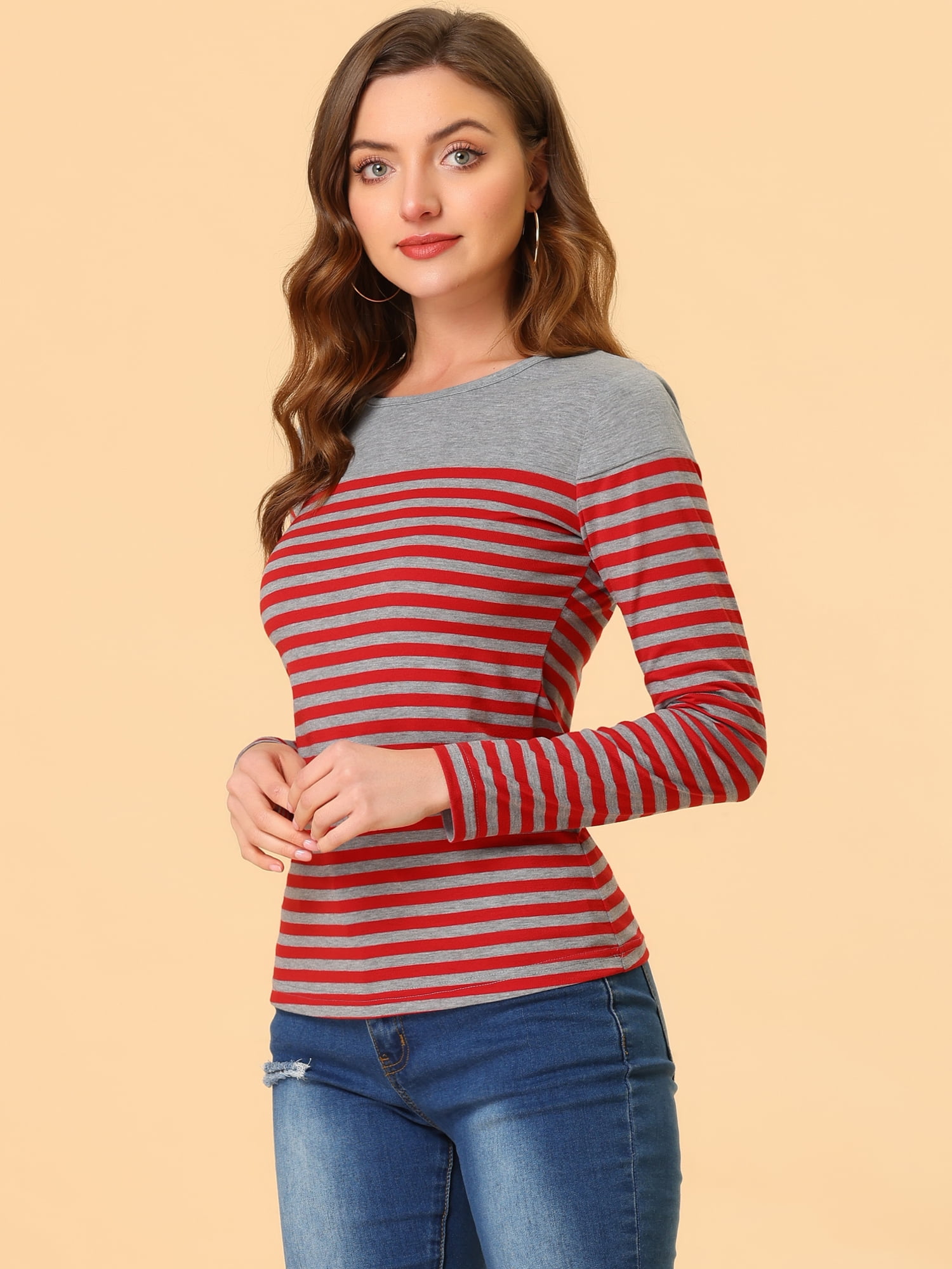 DARING DIVA Women's Color Block Striped Knit Top Long Sleeves T-Shirt XL Red