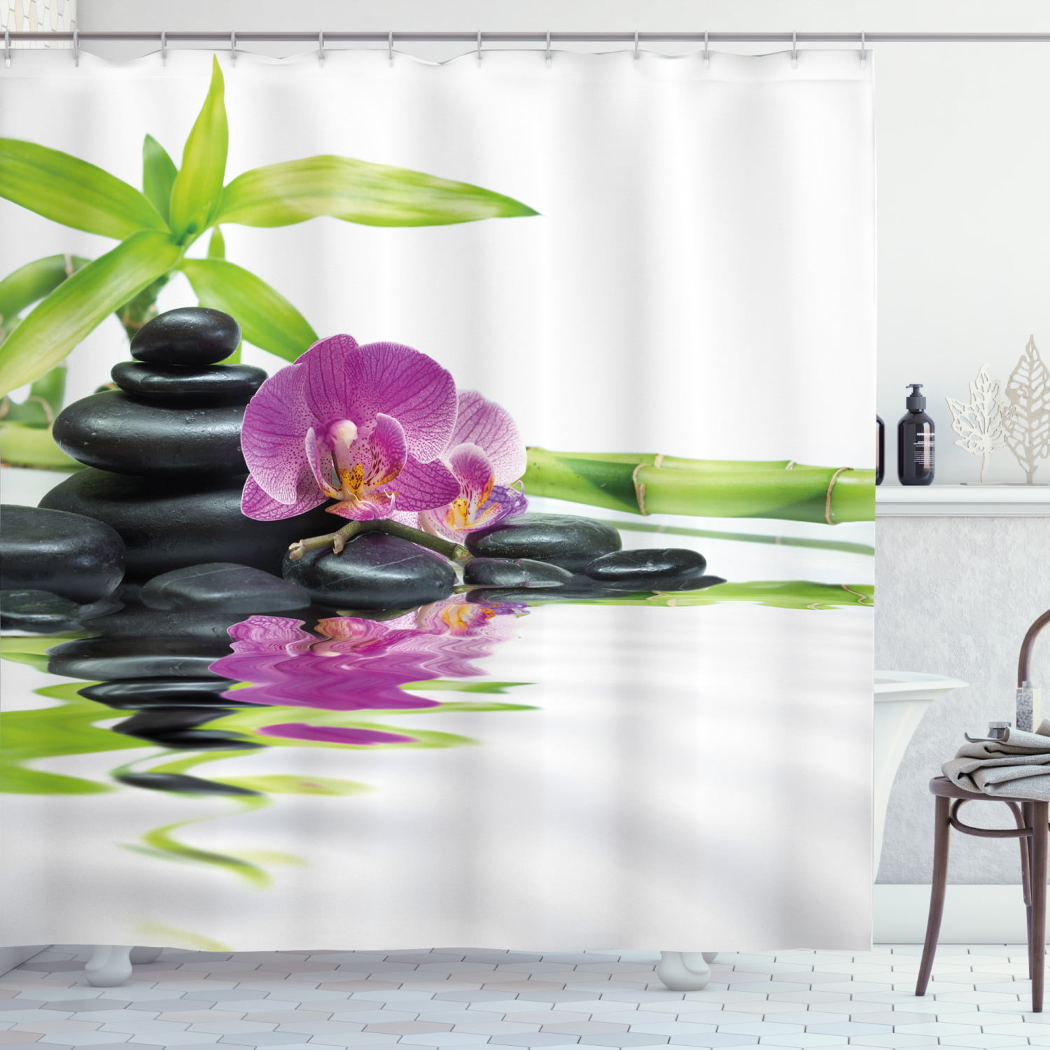 Waterproof Fabric Purple Orchid Flower Bamboo Spa Shower Curtain Bathroom Mat 