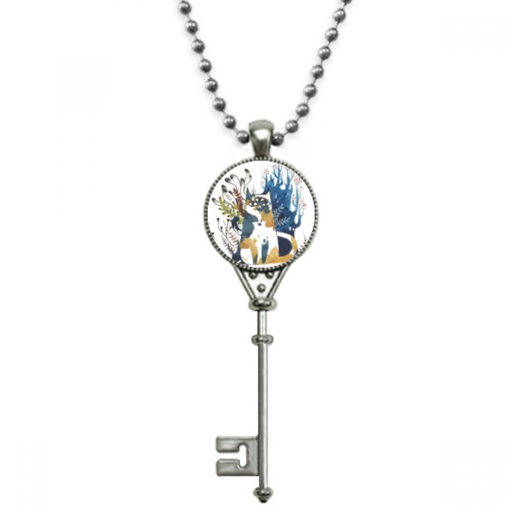 Three Eyes Cat Watercolor Animal Pendant Vintage Necklace Silver Key Jewelry
