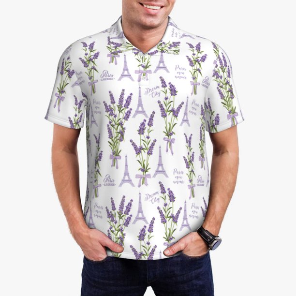 Fotbe Lavender Flowers Camiseta Polo de Golf para Hombre con Estampado – Camisa Deportiva Transpirable con Cuello Abotonado-Medium
