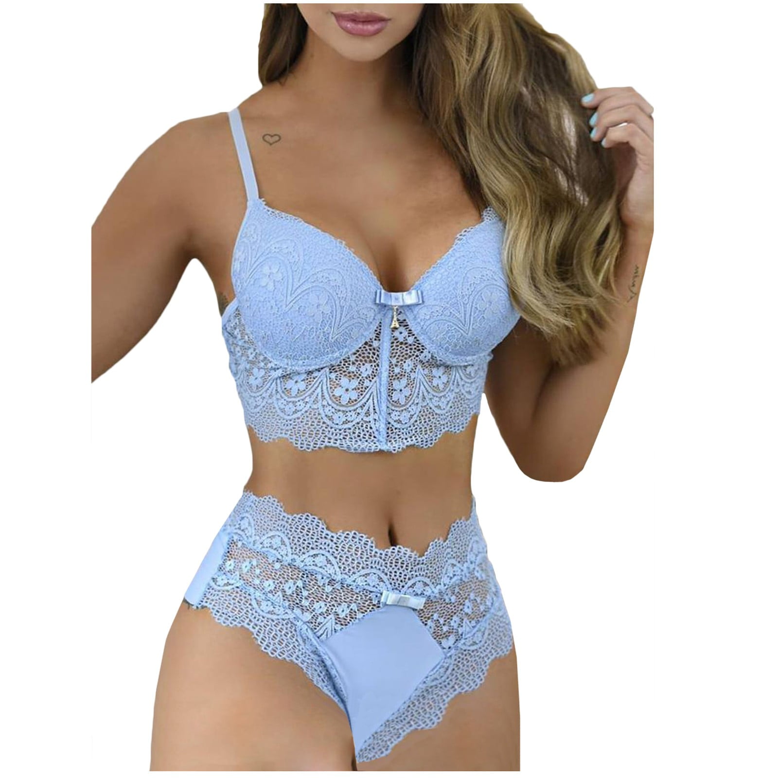 Anuirheih Lace Lingerie Sets for Women Padded Push Up Bra with Clasp and  Lace Sheer Triangle Briefs,2Pcs 