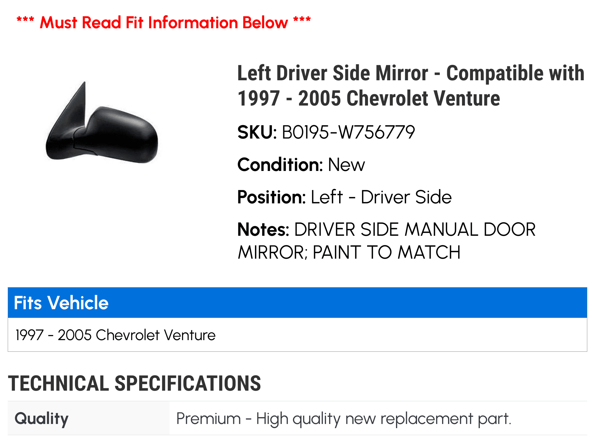 Left Driver Side Mirror - Compatible with 1997 - 2005 Chevy Venture 1998 1999 2000 2001 2002 2003 2004