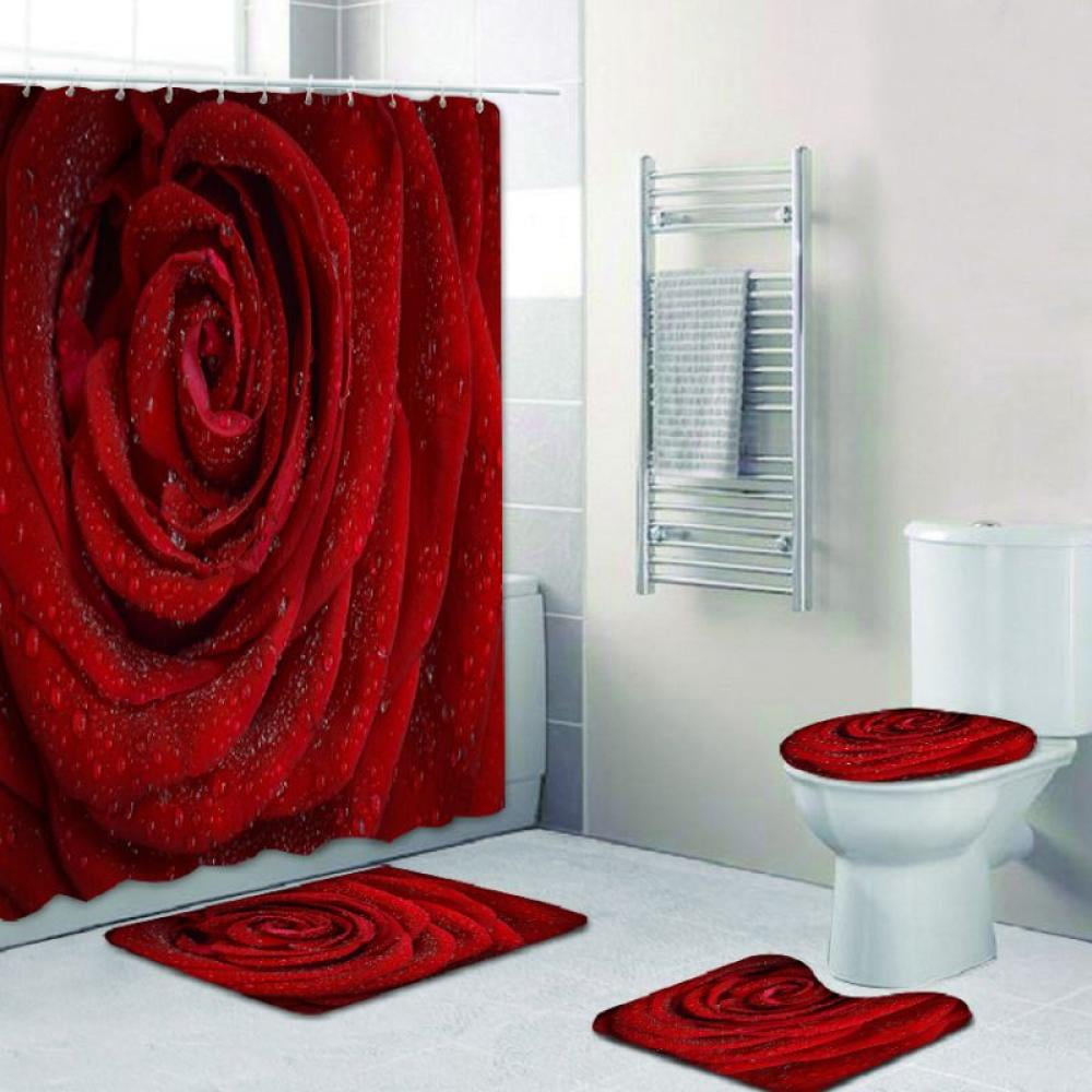 4pcs/Set Rose Heart Bathroom Waterproof Shower Curtain Toilet Lid Cover Bath Mat 