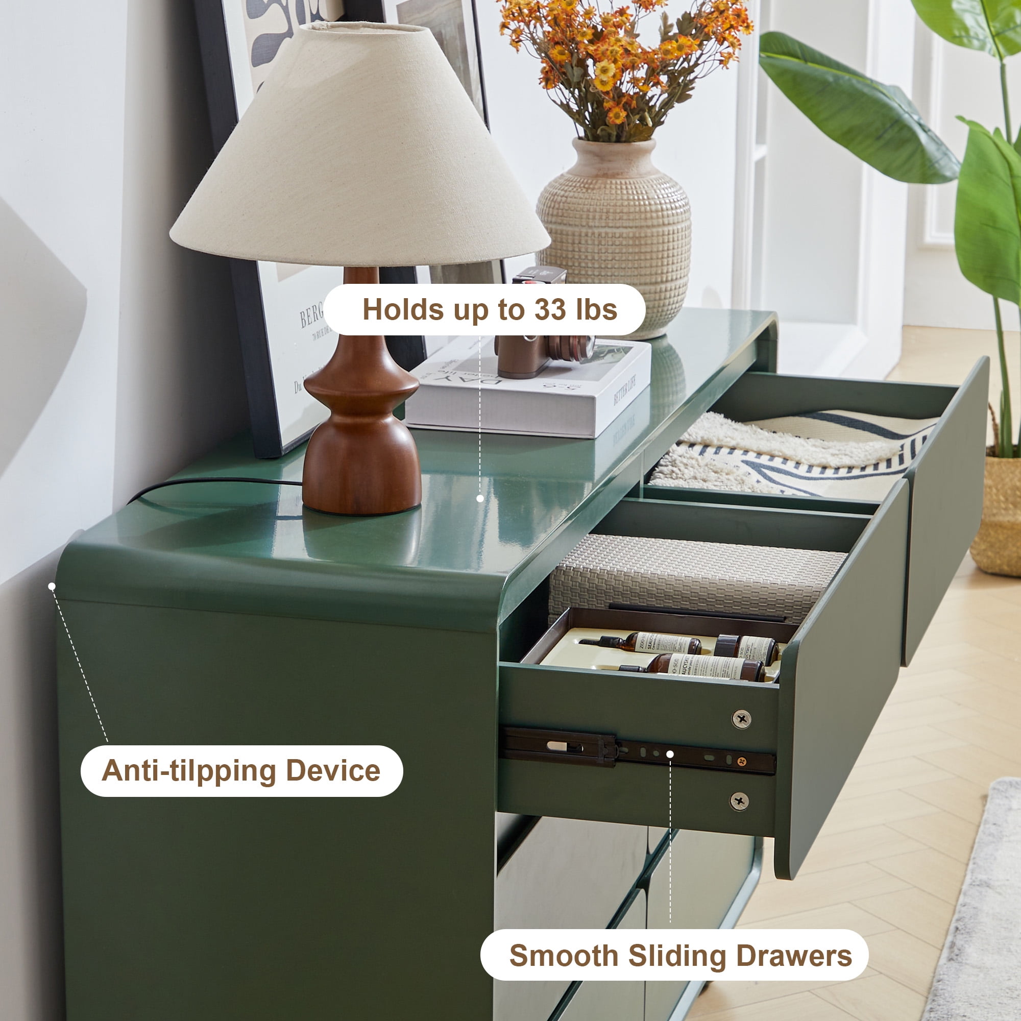 YOCWO 6 Drawer Dresser for Bedroom, Mid Century Chest of Drawers with Arc Edge and Round Leg, Wood Storage Large Dresser Organizer for Bedroom Living Room Hallway Closet, Green