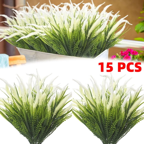 15Pcs Foxtail Grass Artificial Plant White Flowers for Outdoors Fake Plastic Greenery Shrubs Faux Plants Outside Garden Window Box Planters Porch Home Indoor Decoration