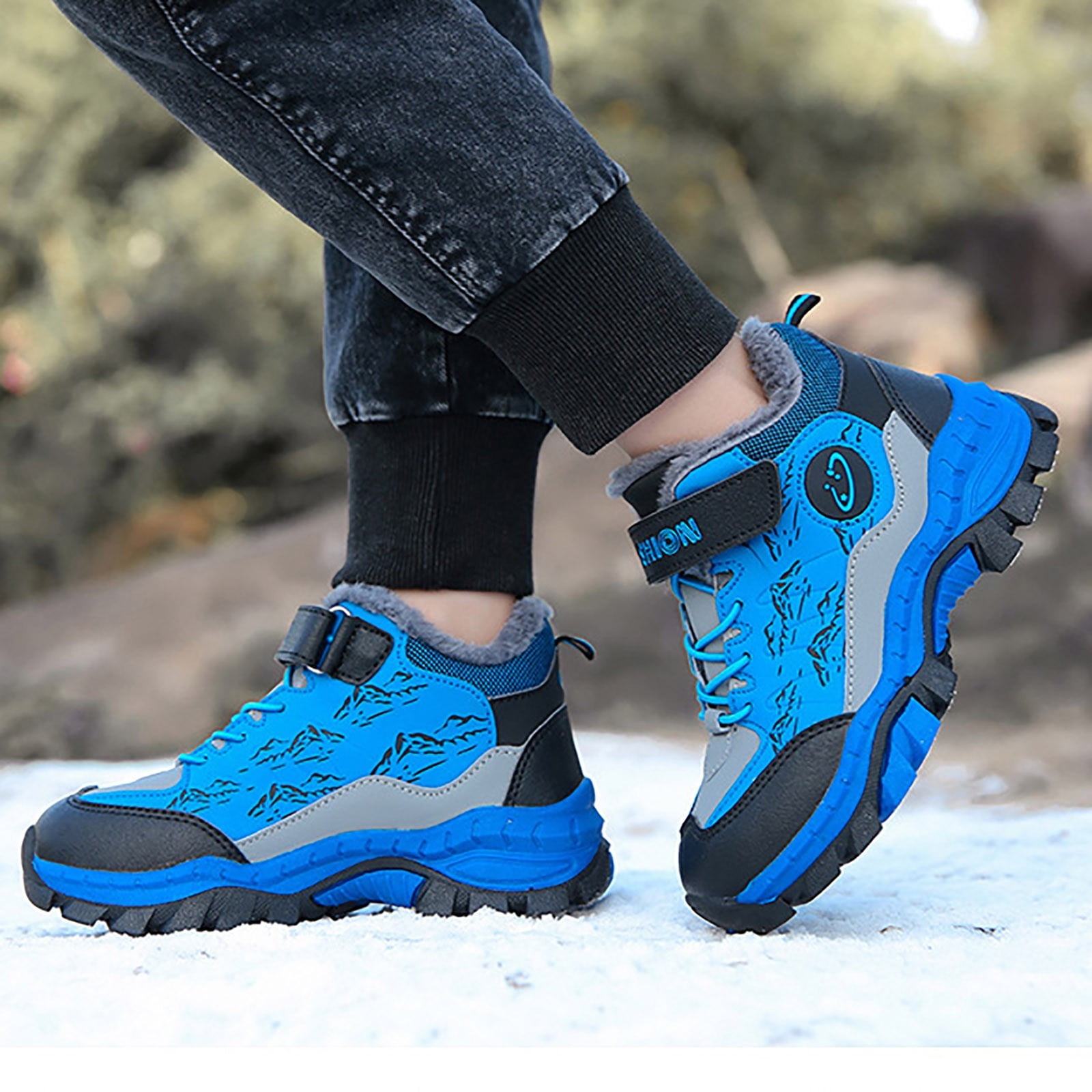 Kidagic Boys Leather Snow Boots Winter Warm Hiking Shoes For Kids Non Outdoor Insulated Footwear(Color:Blue,Size:2)