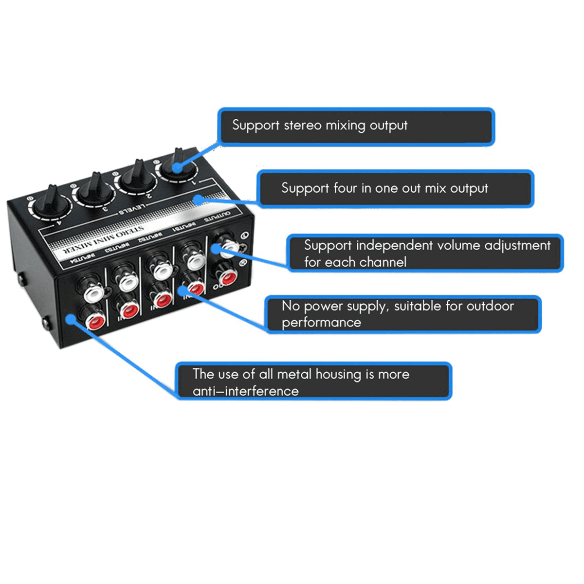 2X 4 Channel Stereo Audio Mixer Support Input and Output Mini Passive Stereo Mixer with Separate Volume Controls,2 x Stereo Audio Mixer,black
