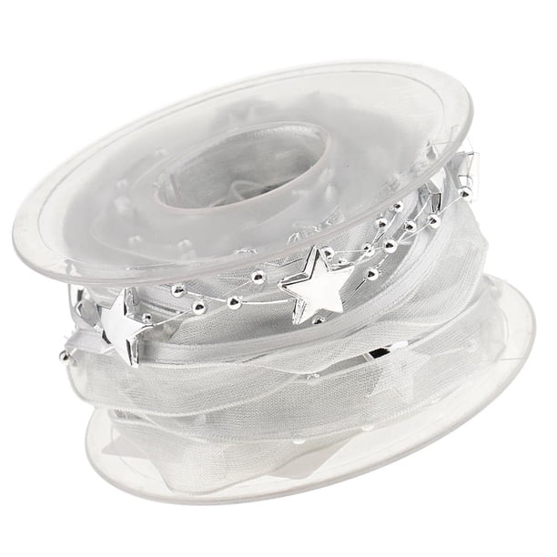 Rollo de 5,5 yardas de cinta de organza transparente con encaje y cuentas, cinta navideña de 3/4" Plata