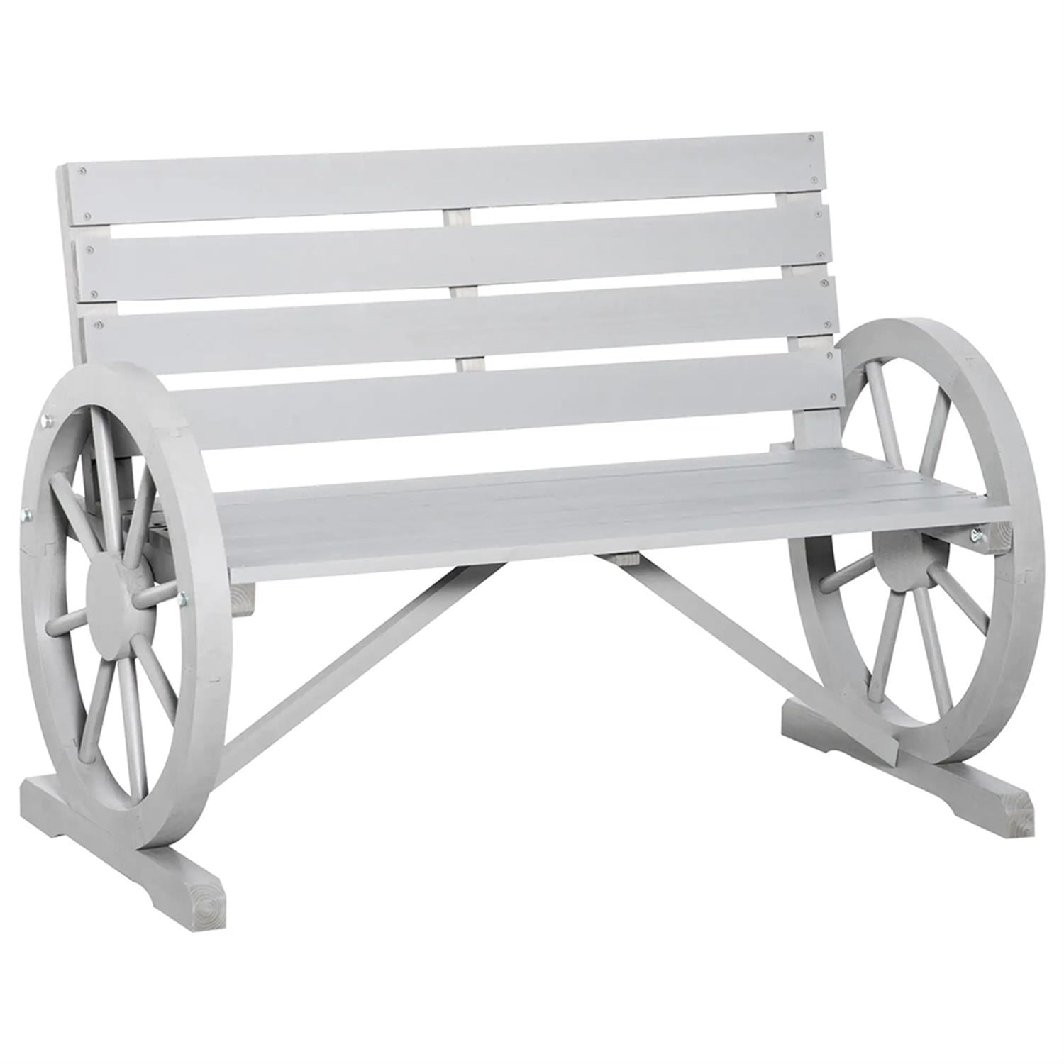 Demi Bonn 41" Patio Garden Bench Wooden Wagon Wheel Bench, Outdoor Benches Furniture with Backrest for Backyard, Park, Lawn, Yard, Gray