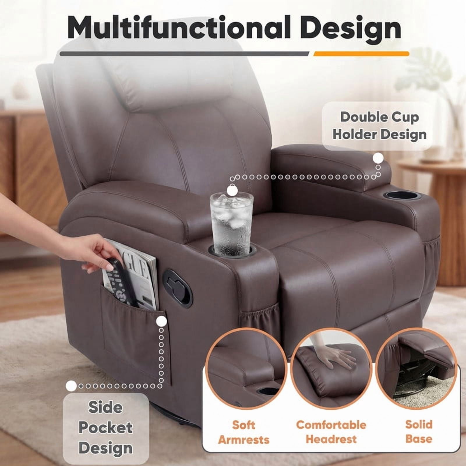Lacoo PU Leather Swivel Rocker Recliner with Massage for Living Room Small Spaces Lounge Recliner Chair with Side Pockets for Adults,PU Brown