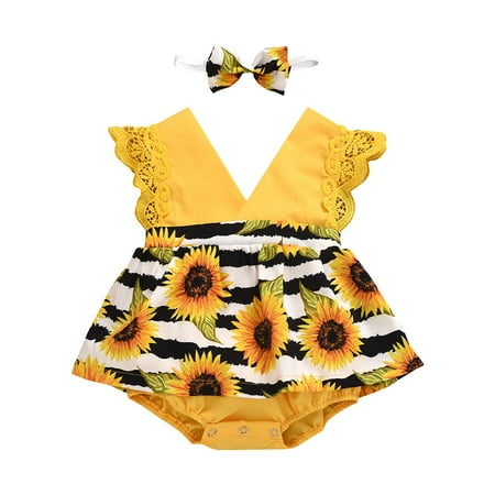 

Baby Girls Sleeveless Sunflower Print Lace Romper Bodysuit Dress+Headband