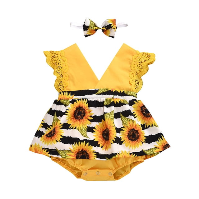 Combinaison Sans Manches en Dentelle à Imprimé Tournesol pour Bébés Filles, Justaucorps Robe + Bandeau