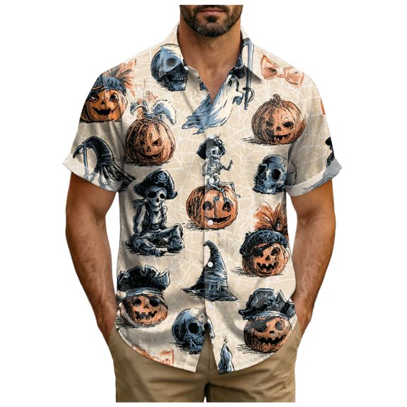 WOLIAUO Halloween Shirts Halloween Costumes Vintage Horror Shirt for Men Skeleton Graphic Tees for Adult 2026 Holiday Fall Spooky Season 2XL Beige