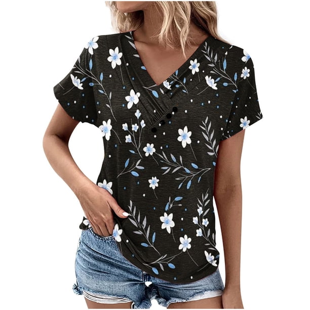Tops de Algodón para Mujeres Cuello en V Moda Casual Manga Corta Primavera Verano Top para el Hogar Y Diario