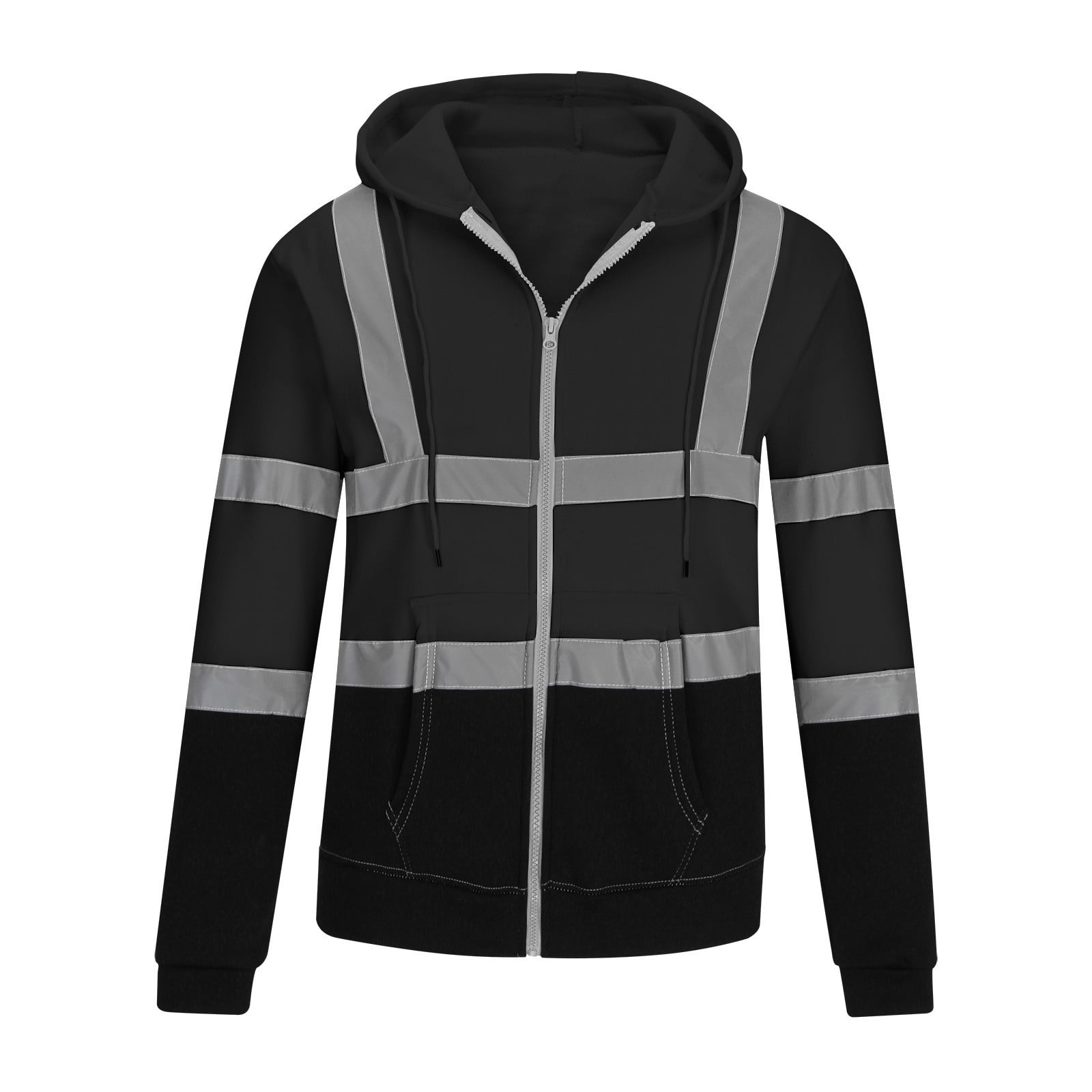 Moxiu Hi Vis Jacket for Men 2025 Reflective Visibility Hooded Drawstring Sweatshirts Pullover Full Zip Up Flame Resistant Jackets with Pocket Black,XXXL