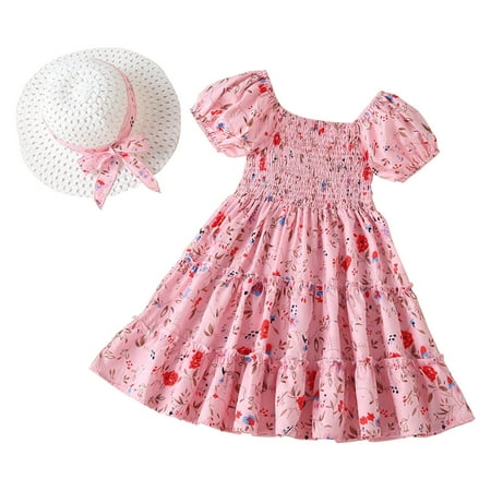 

Toddler Girls Fashion Summer Flower Dress Babys Kids Tutu Dress With Sun Hat Girls Sling Cake Dress Floral 2pcs Outfits Girls Formal Dress under 30